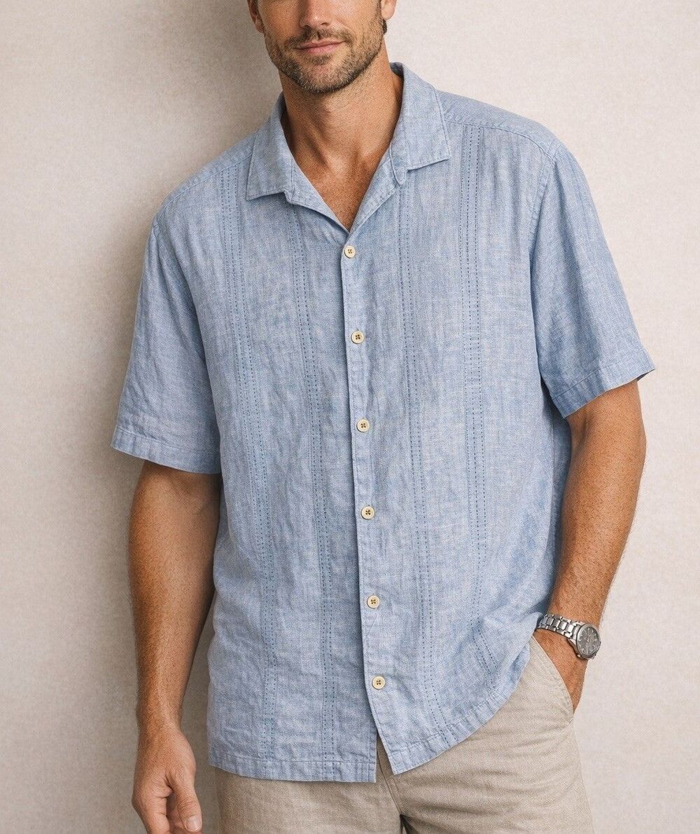 Tommy Bahama Relax Fit 100% Linen Men's Blue Short Sleeve Button Up Shirt XL